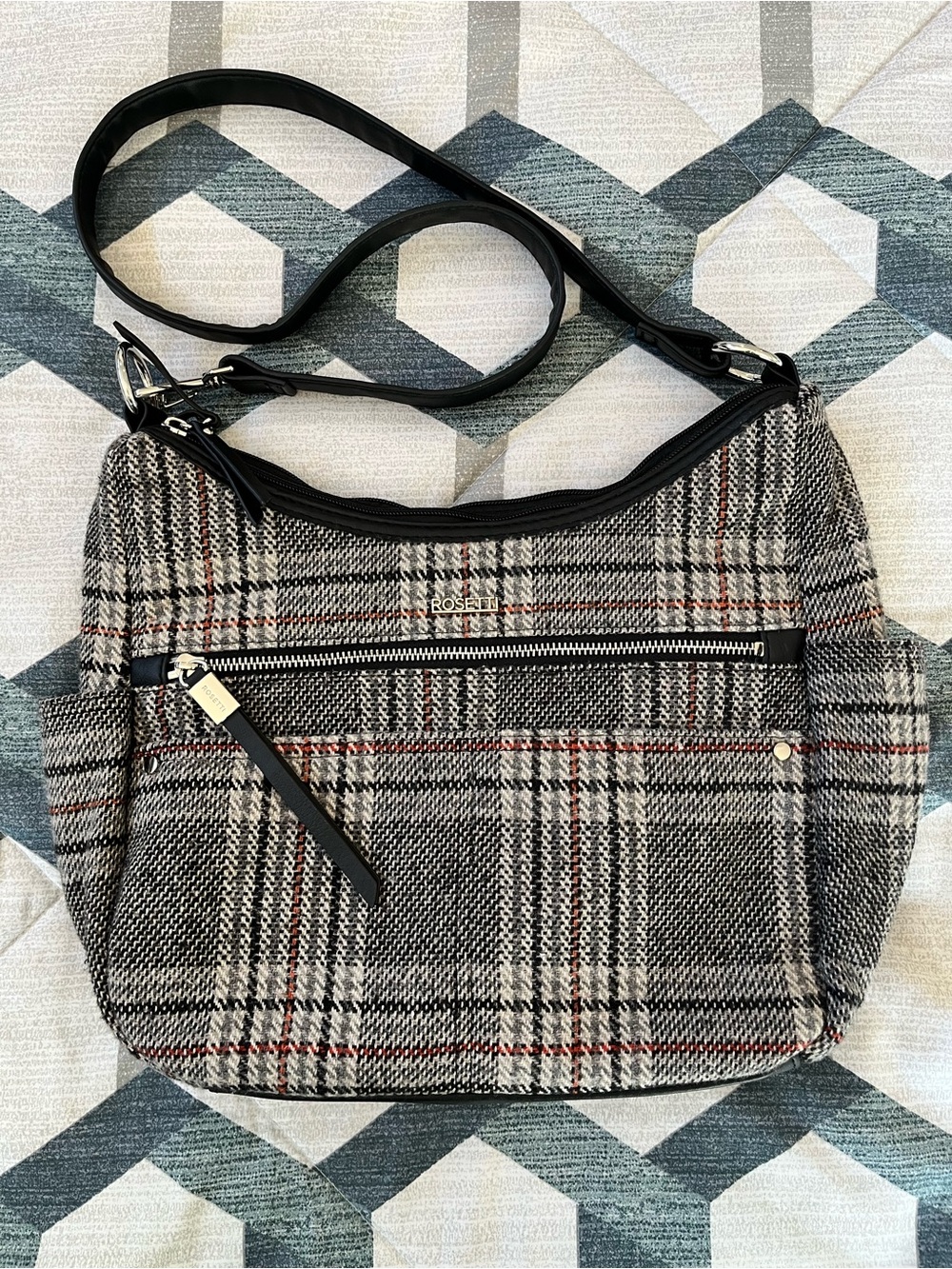 Rosetti Black & Gray Plaid Shoulder Bag